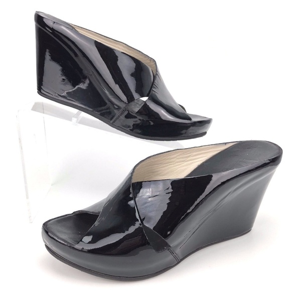 black patent leather wedges